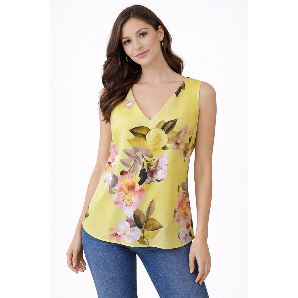 Bold Elements Womens Floral‎ Sleeveless Blouse Yellow V Neck Size XL Casual